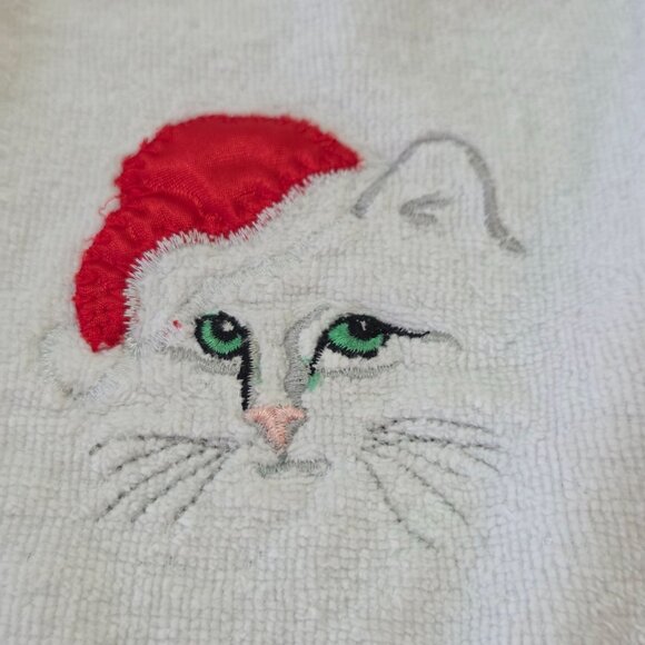 White Cotton Christmas Cat Embroidered Towel Set With Santa Hat Design - Picture 3 of 10